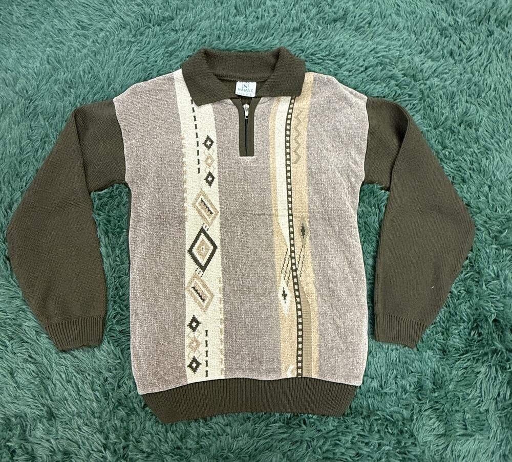 NAWAZ Men's Large L Quarter Zip Collared Sweater Geometric Knit Pullover Earth